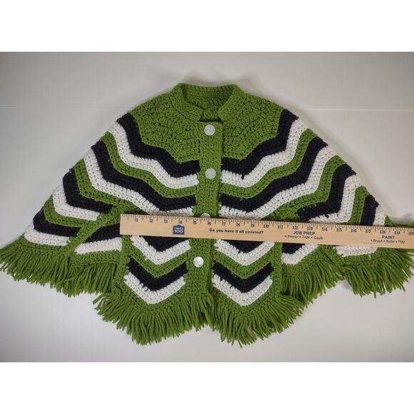 Vintage Handmade 1970s Crocheted Toddler Poncho Green Black White Chevron Retro* - Picture 7 of 10